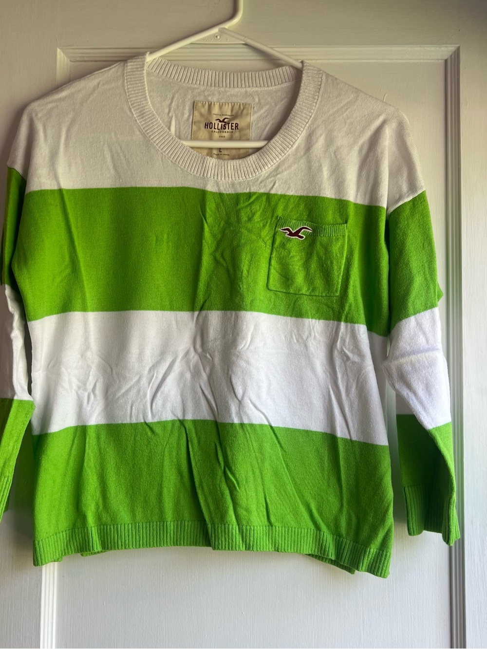 Vintage Hollister Bright Green and White Striped Crewneck Top